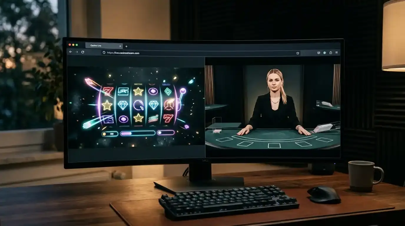 Slot-Walzen und ein Live-Tischspiel nebeneinander auf einem Bildschirm im Browser